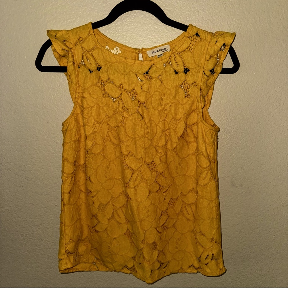 Monteau Yellow Floral Lace Cap Sleeve Blouse - Size: S